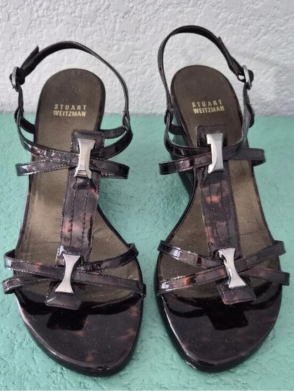 Stuart Weitzman Tortoise Patent Leather Wedge Sandals Size 9 Made in Spain